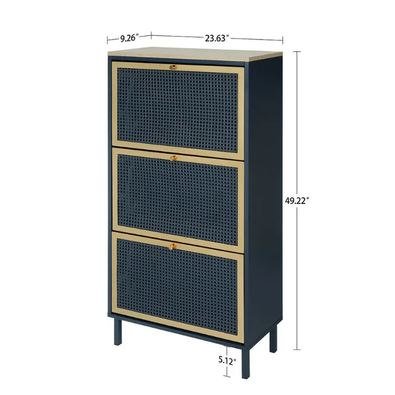23" Blue Rattan Shoe Rack with 3 Flip Doors