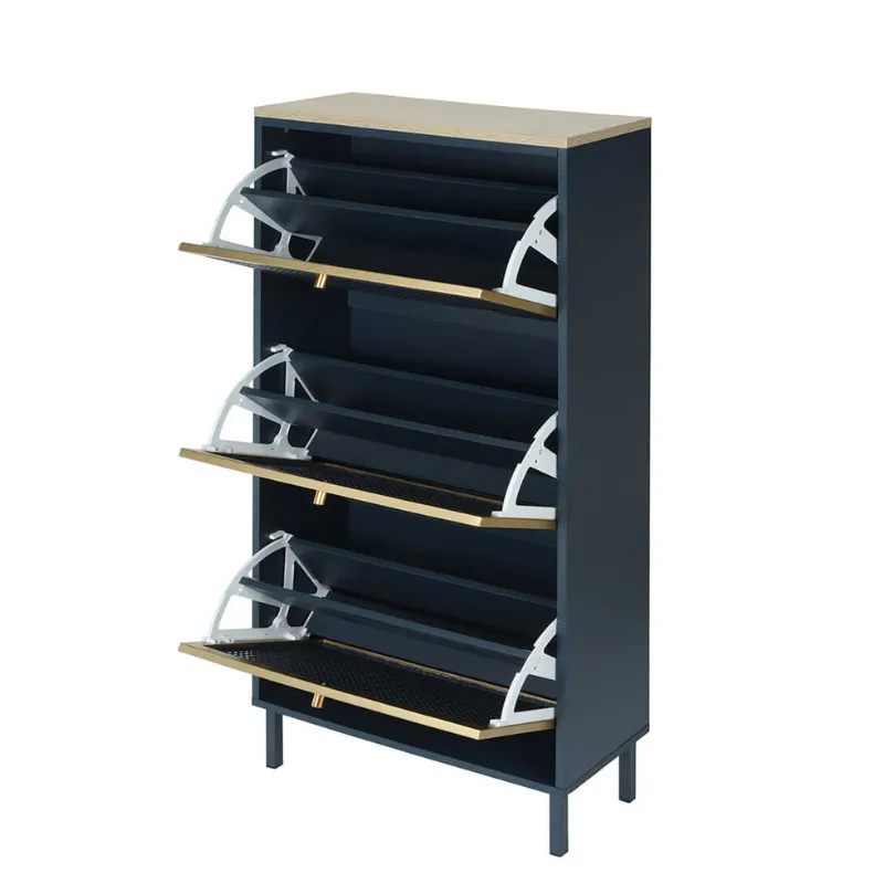 23" Blue Rattan Shoe Rack with 3 Flip Doors