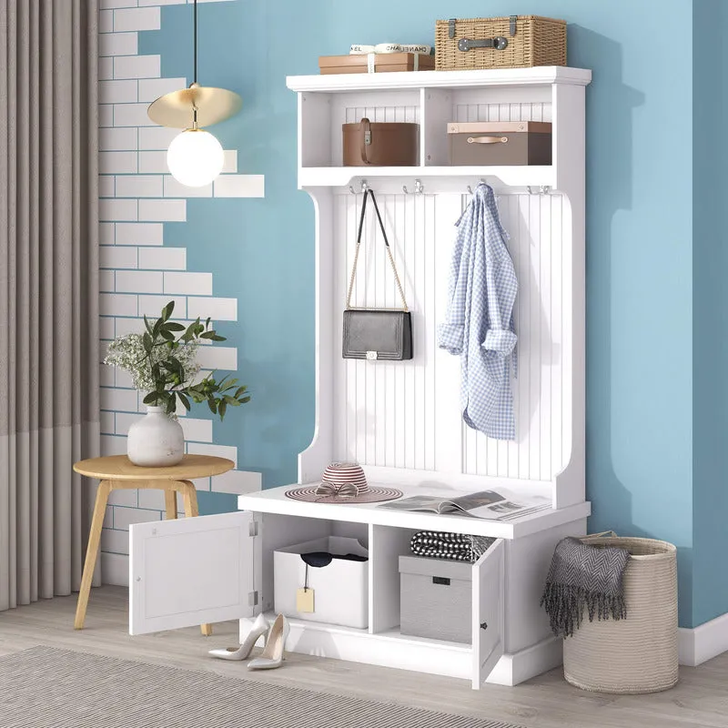4-In-1 White Entryway Bench with Storage Cabinet and Coat Hooks