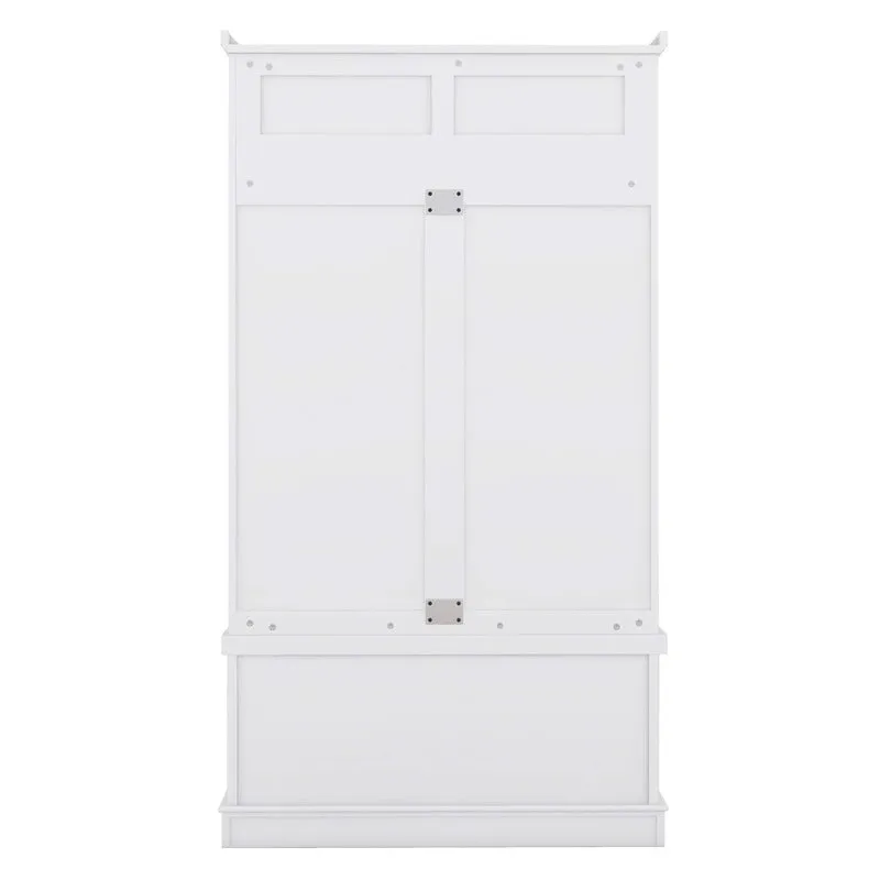 4-In-1 White Entryway Bench with Storage Cabinet and Coat Hooks