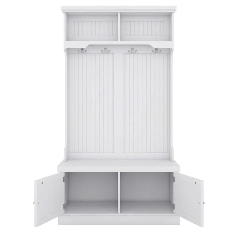 4-In-1 White Entryway Bench with Storage Cabinet and Coat Hooks