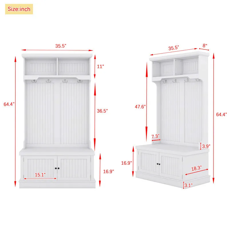 4-In-1 White Entryway Bench with Storage Cabinet and Coat Hooks