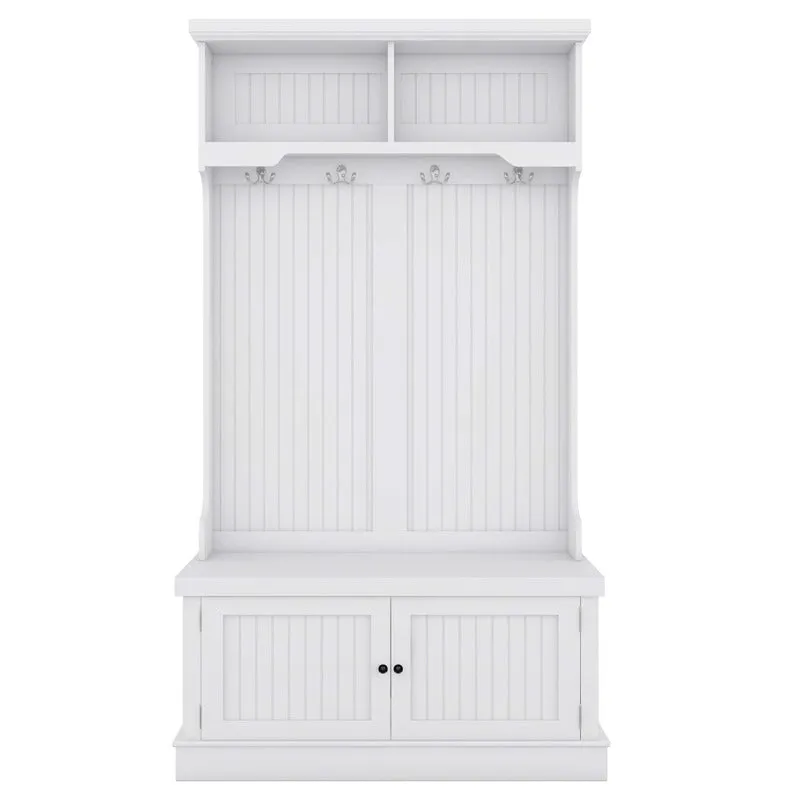 4-In-1 White Entryway Bench with Storage Cabinet and Coat Hooks