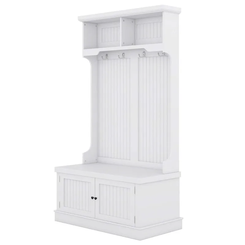 4-In-1 White Entryway Bench with Storage Cabinet and Coat Hooks