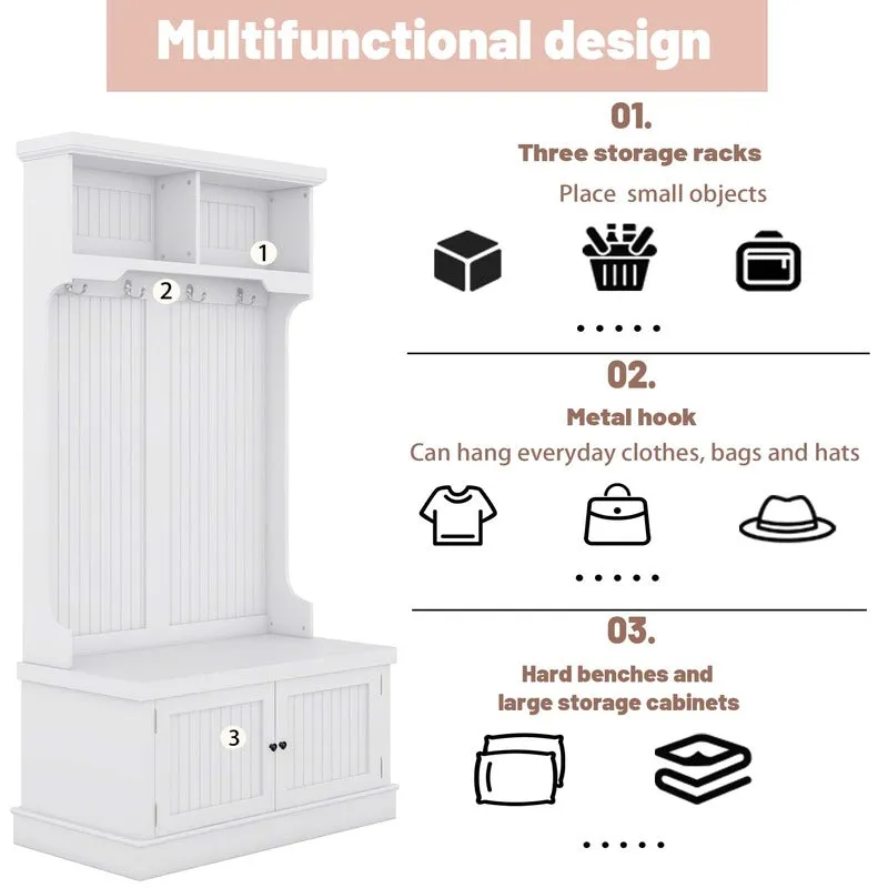 4-In-1 White Entryway Bench with Storage Cabinet and Coat Hooks