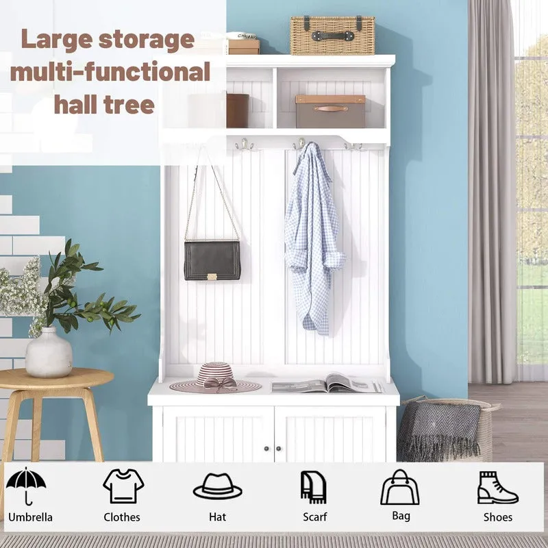 4-In-1 White Entryway Bench with Storage Cabinet and Coat Hooks