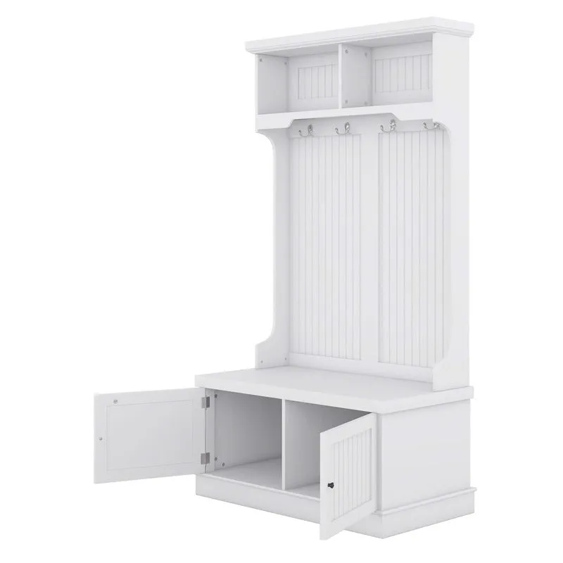 4-In-1 White Entryway Bench with Storage Cabinet and Coat Hooks