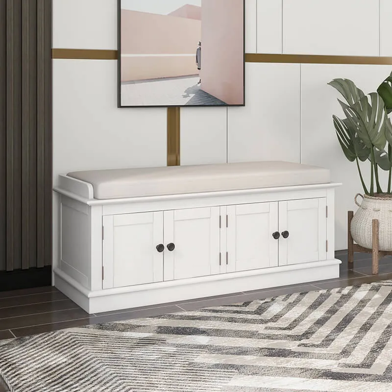 42" White 4-Doors Entryway Storage Shoe Bench with Removable Cushion and Adjustable Shelves