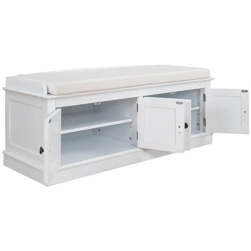 42" White 4-Doors Entryway Storage Shoe Bench with Removable Cushion and Adjustable Shelves