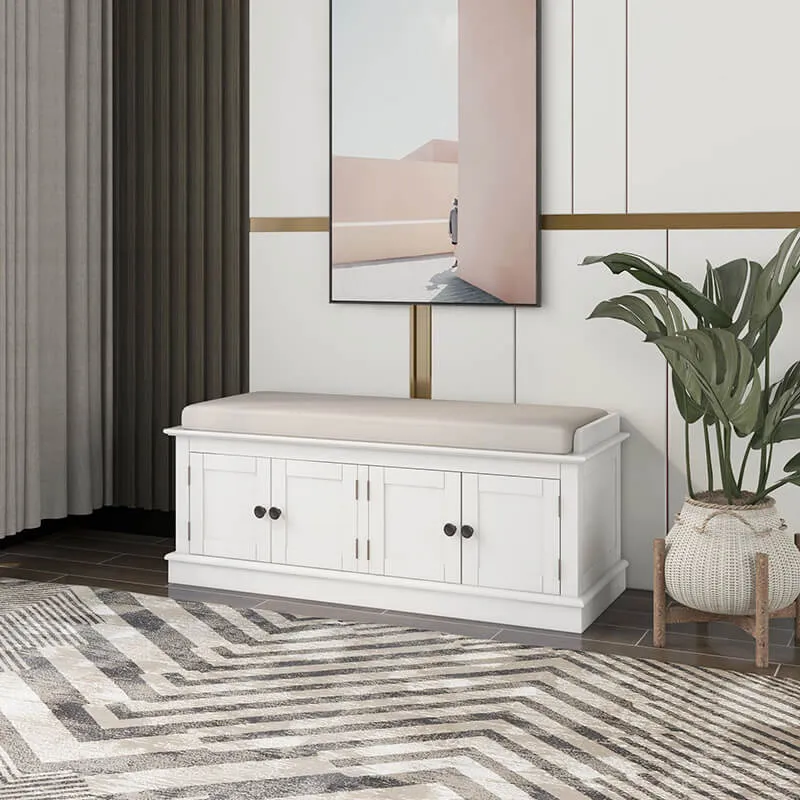 42" White 4-Doors Entryway Storage Shoe Bench with Removable Cushion and Adjustable Shelves