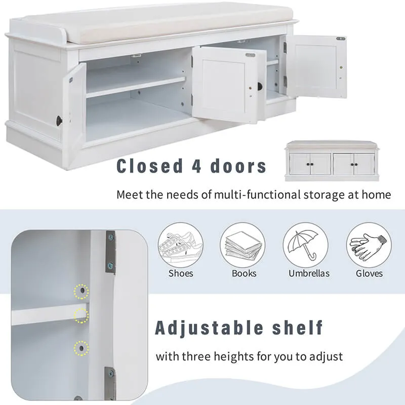 42" White 4-Doors Entryway Storage Shoe Bench with Removable Cushion and Adjustable Shelves