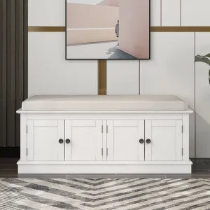 42" White 4-Doors Entryway Storage Shoe Bench with Removable Cushion and Adjustable Shelves