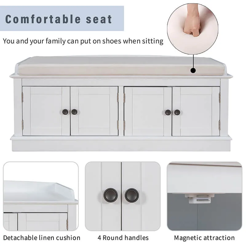 42" White 4-Doors Entryway Storage Shoe Bench with Removable Cushion and Adjustable Shelves