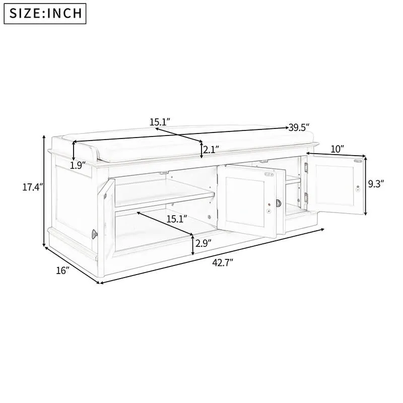 42" White 4-Doors Entryway Storage Shoe Bench with Removable Cushion and Adjustable Shelves