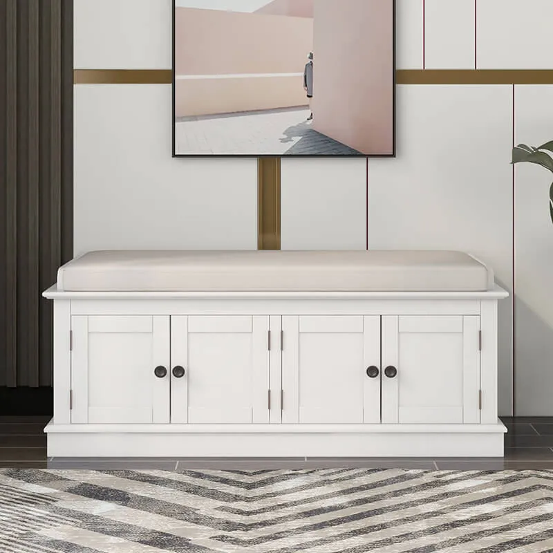 42" White 4-Doors Entryway Storage Shoe Bench with Removable Cushion and Adjustable Shelves