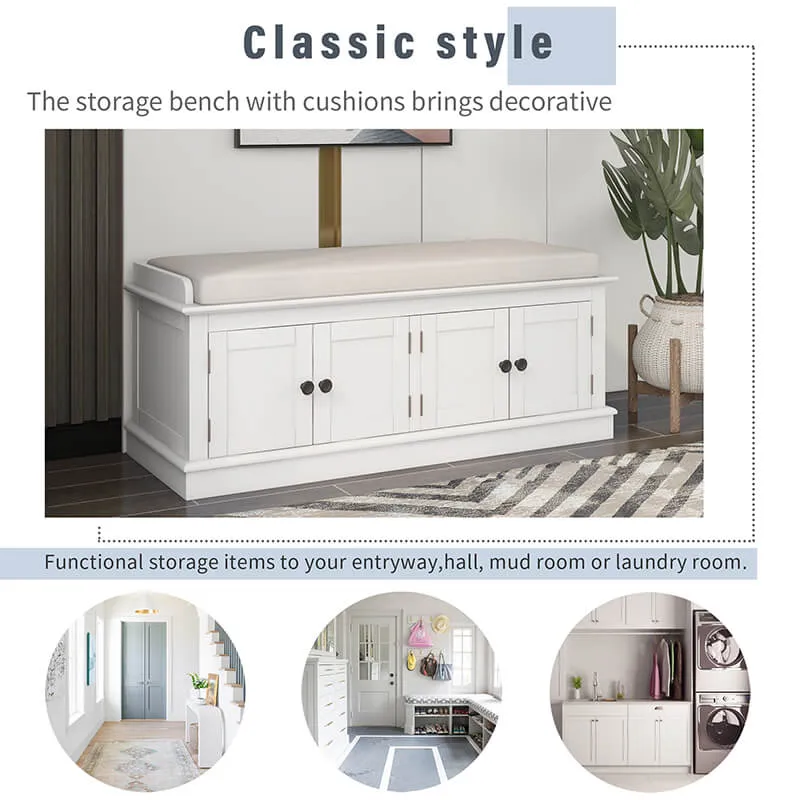 42" White 4-Doors Entryway Storage Shoe Bench with Removable Cushion and Adjustable Shelves