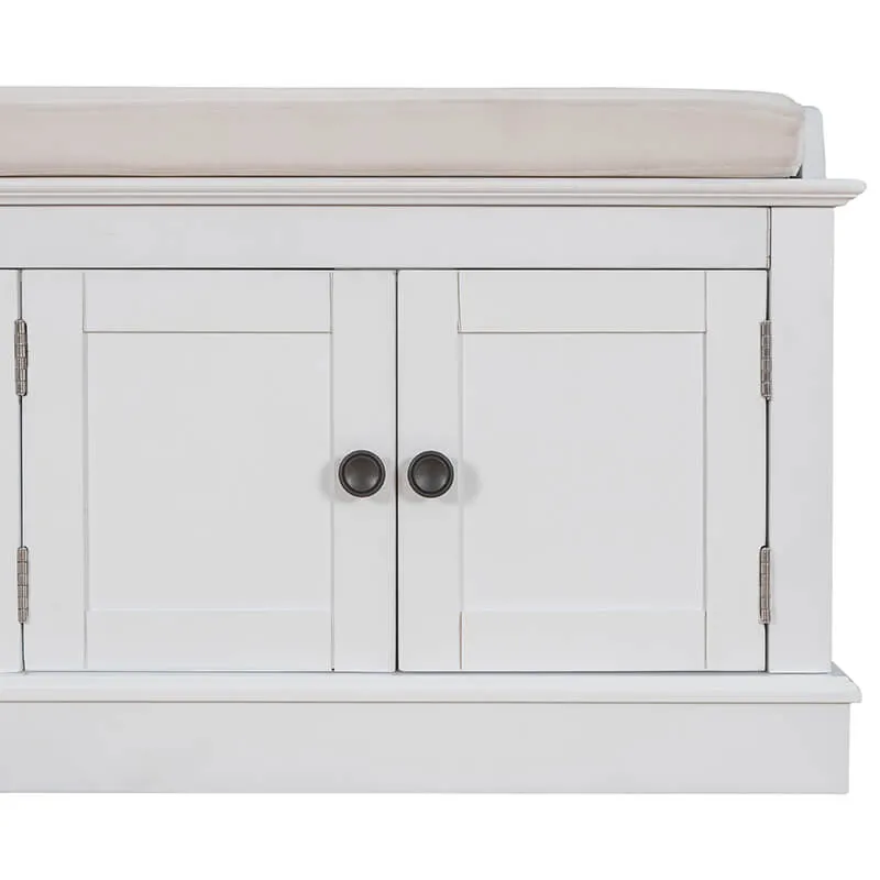 42" White 4-Doors Entryway Storage Shoe Bench with Removable Cushion and Adjustable Shelves