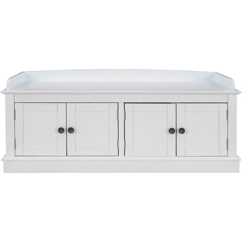 42" White 4-Doors Entryway Storage Shoe Bench with Removable Cushion and Adjustable Shelves