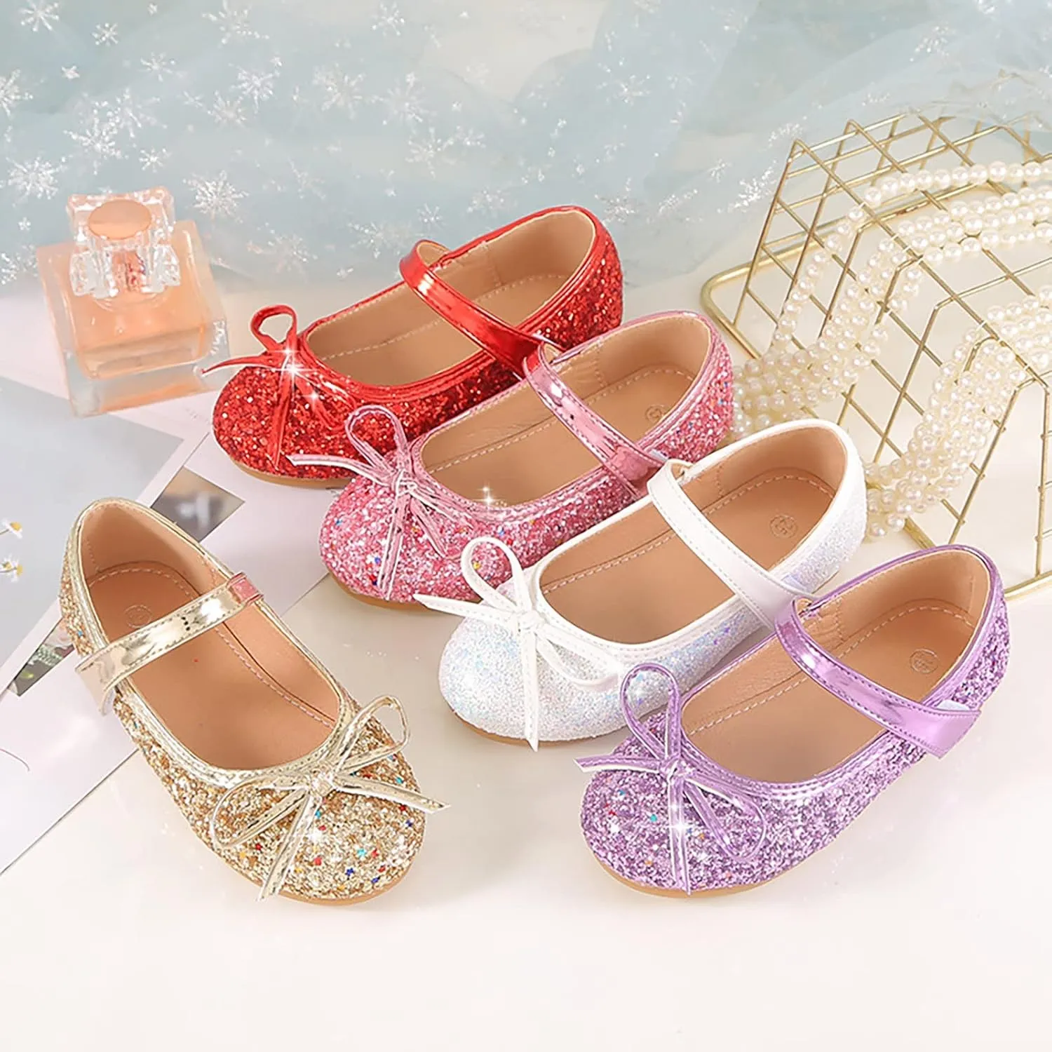 Baby Kids Princess Wedding Sandals Girls Bowknot Glitter Rhinestone Strap Flats Summer Casual Shinny Low Heels Shoes