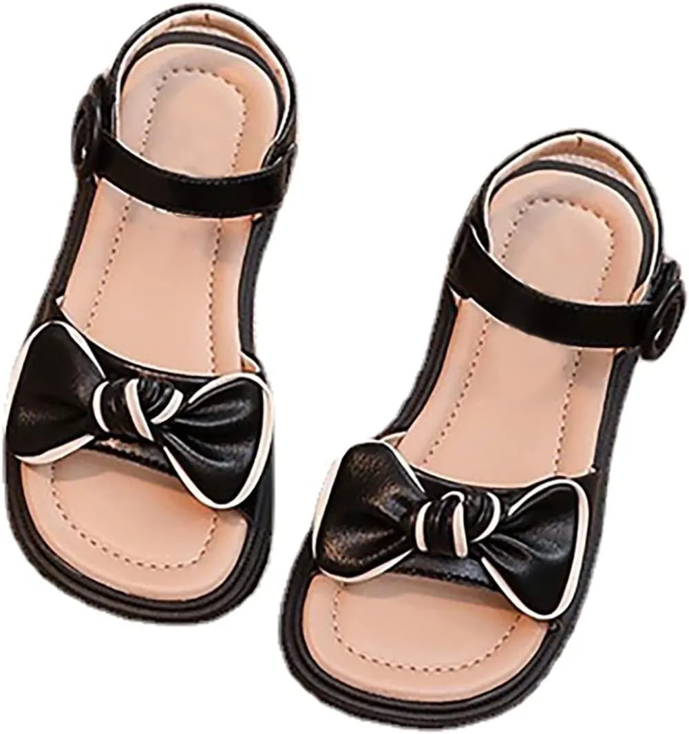 Baby Toddler Infant Sandals Square Open Toe Bow School Dress Shoes Adjustable Strap Slip On Flat Sandal (Black, 9.5 Little Child)