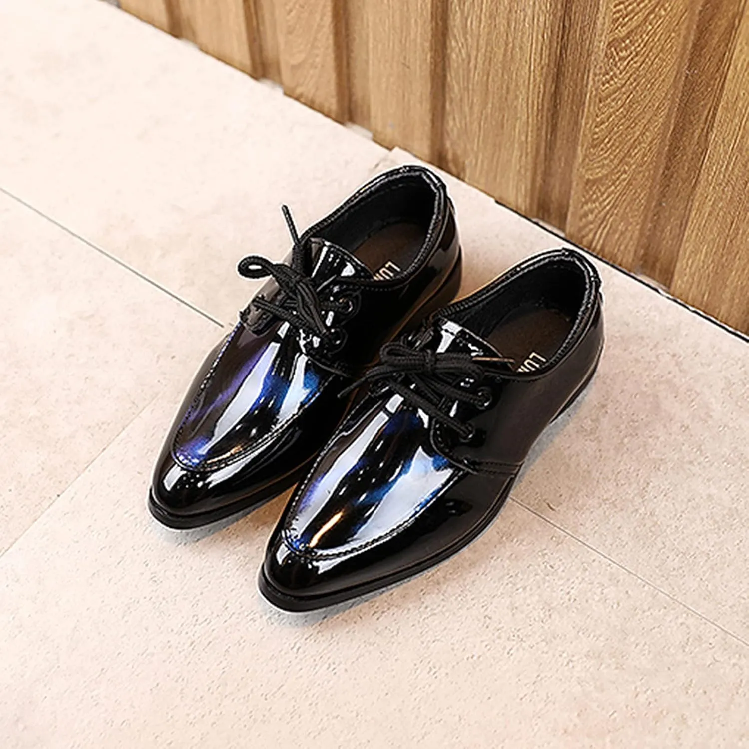 Boys Girls Paten Leather Low Heels Vintage xfords Lace Up Pointed Toe Flat Retro Dress Shoes Baby Sandals Girl