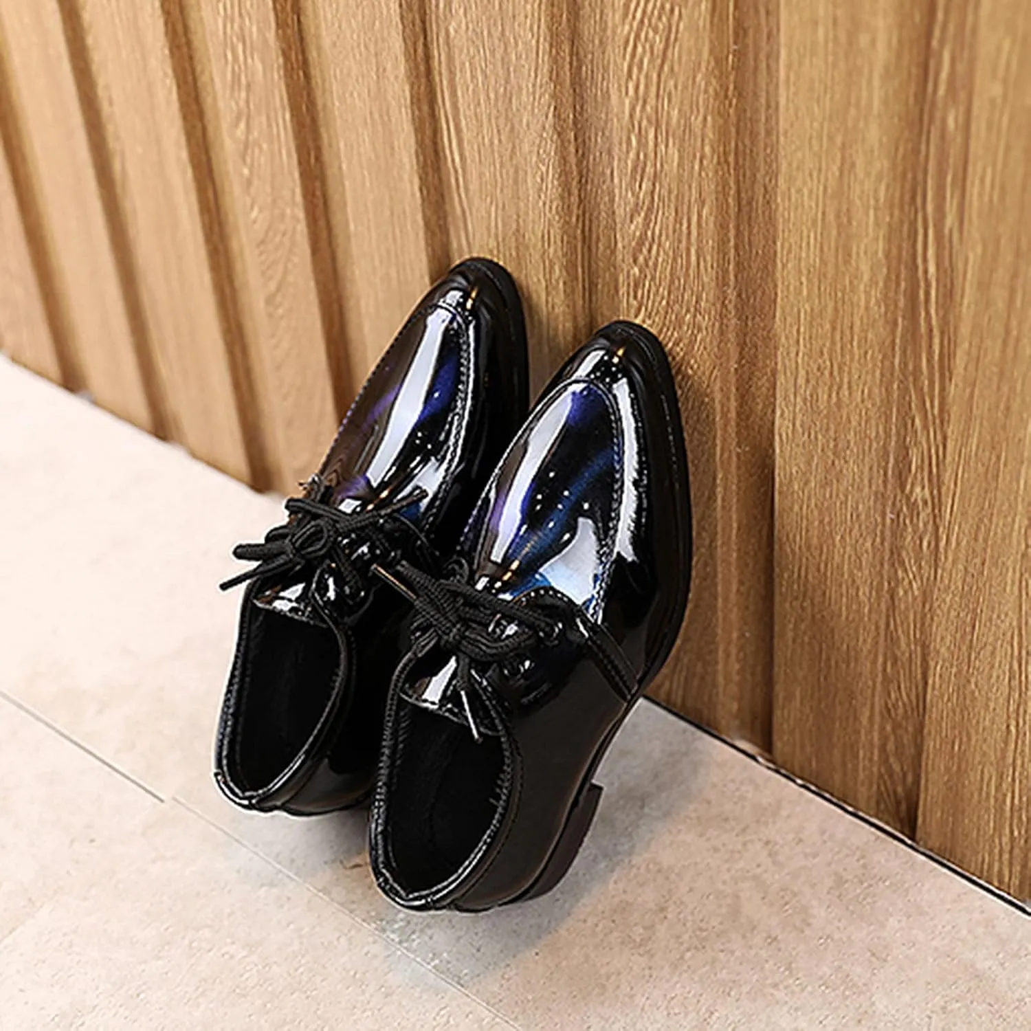 Boys Girls Paten Leather Low Heels Vintage xfords Lace Up Pointed Toe Flat Retro Dress Shoes Baby Sandals Girl
