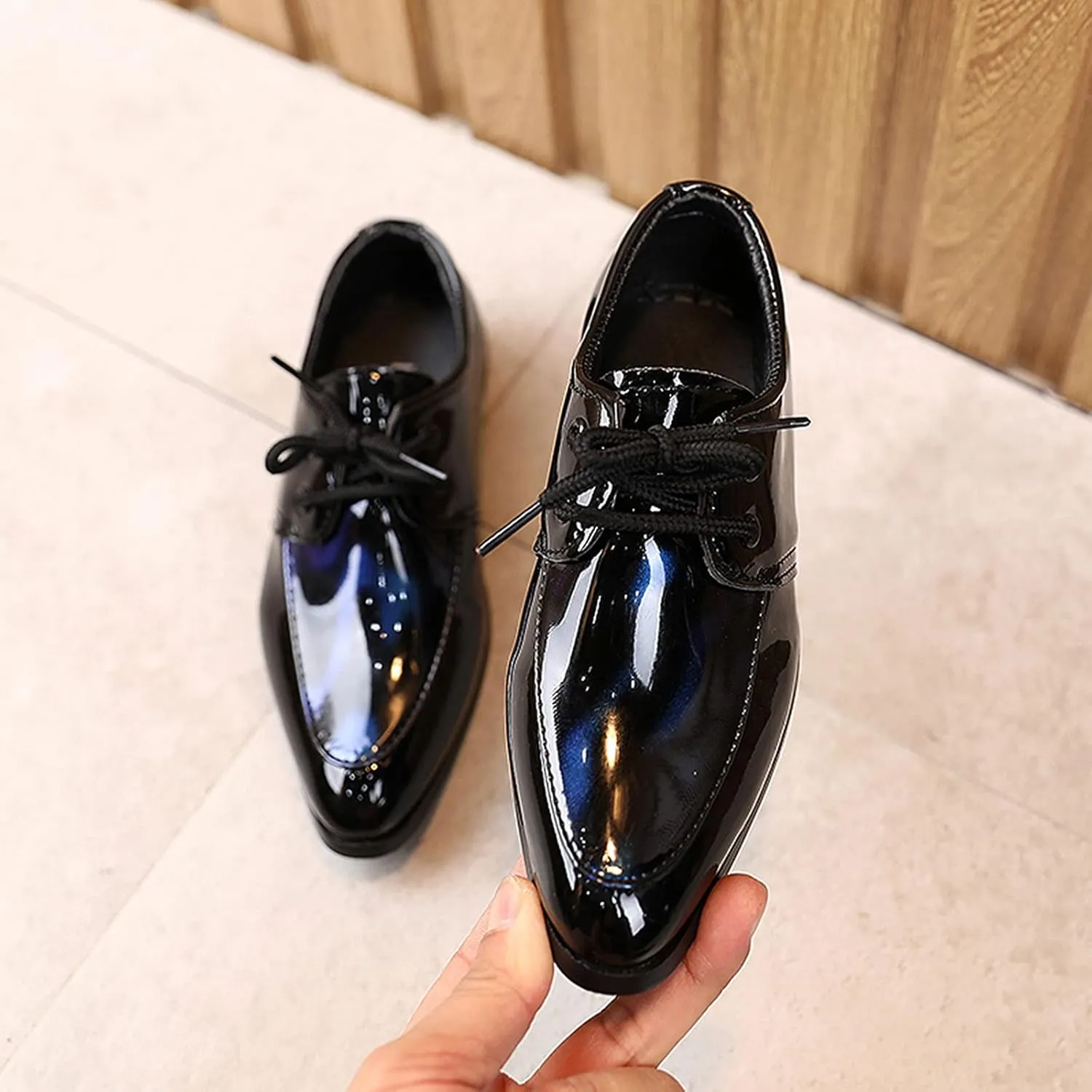 Boys Girls Paten Leather Low Heels Vintage xfords Lace Up Pointed Toe Flat Retro Dress Shoes Baby Sandals Girl