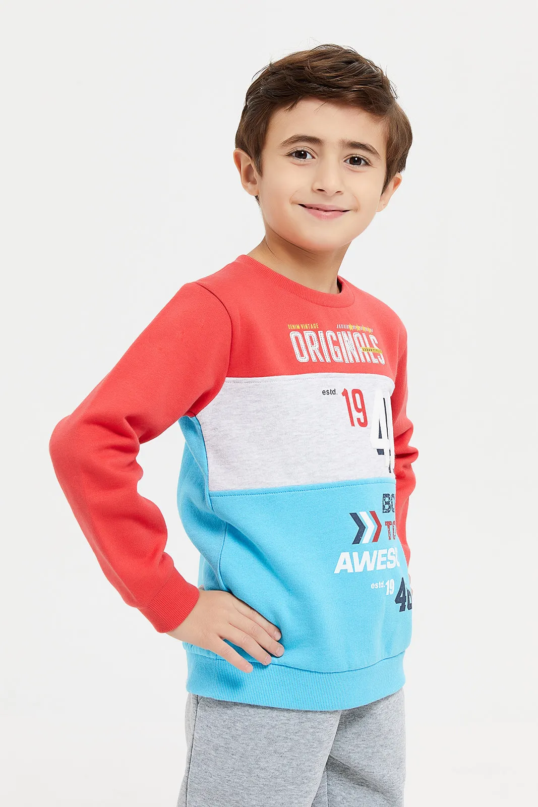 Boys Red And Blue Printed Sweatshirt