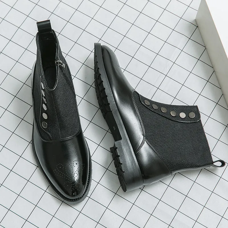 Casual Men's Leather Shoes Cloth Stitching High Top