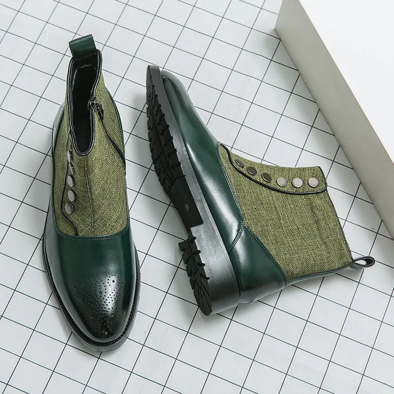 Casual Men's Leather Shoes Cloth Stitching High Top