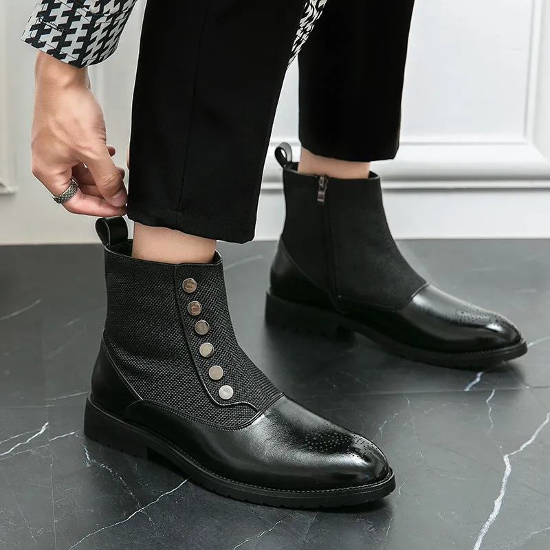 Casual Men's Leather Shoes Cloth Stitching High Top