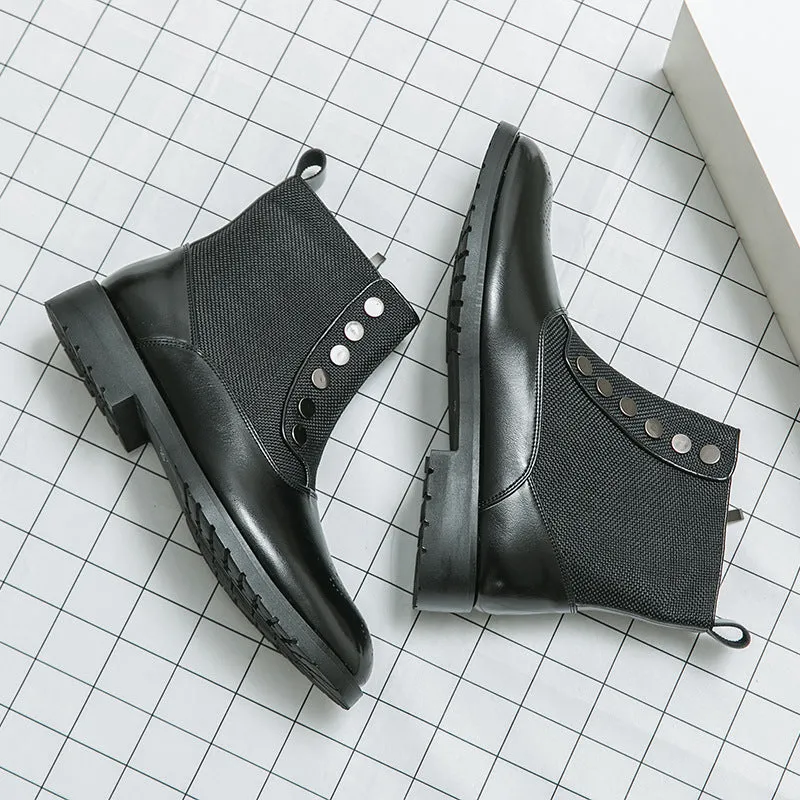 Casual Men's Leather Shoes Cloth Stitching High Top
