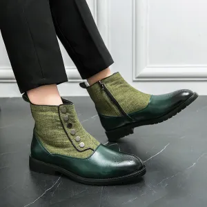 Casual Men's Leather Shoes Cloth Stitching High Top