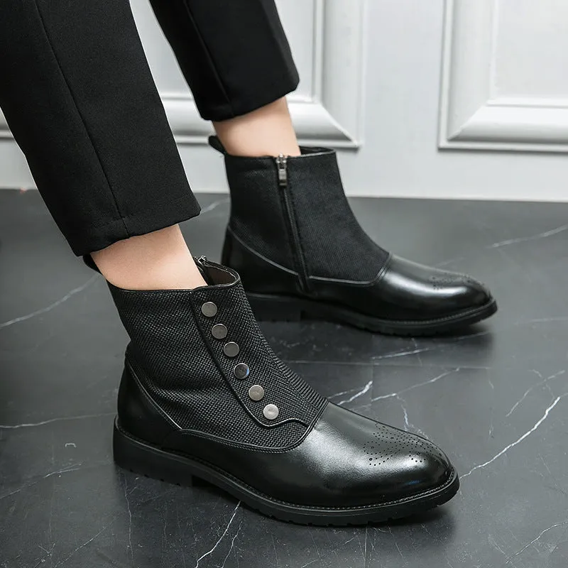 Casual Men's Leather Shoes Cloth Stitching High Top