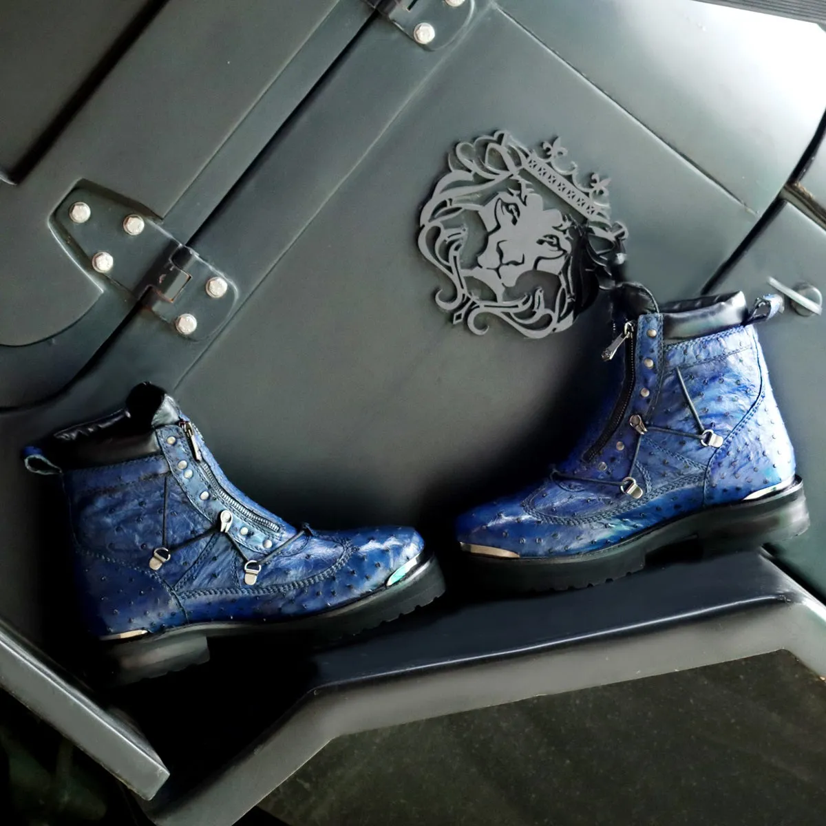 Chunky Boot in Real Ostrich Blue Leather With Metal Plate