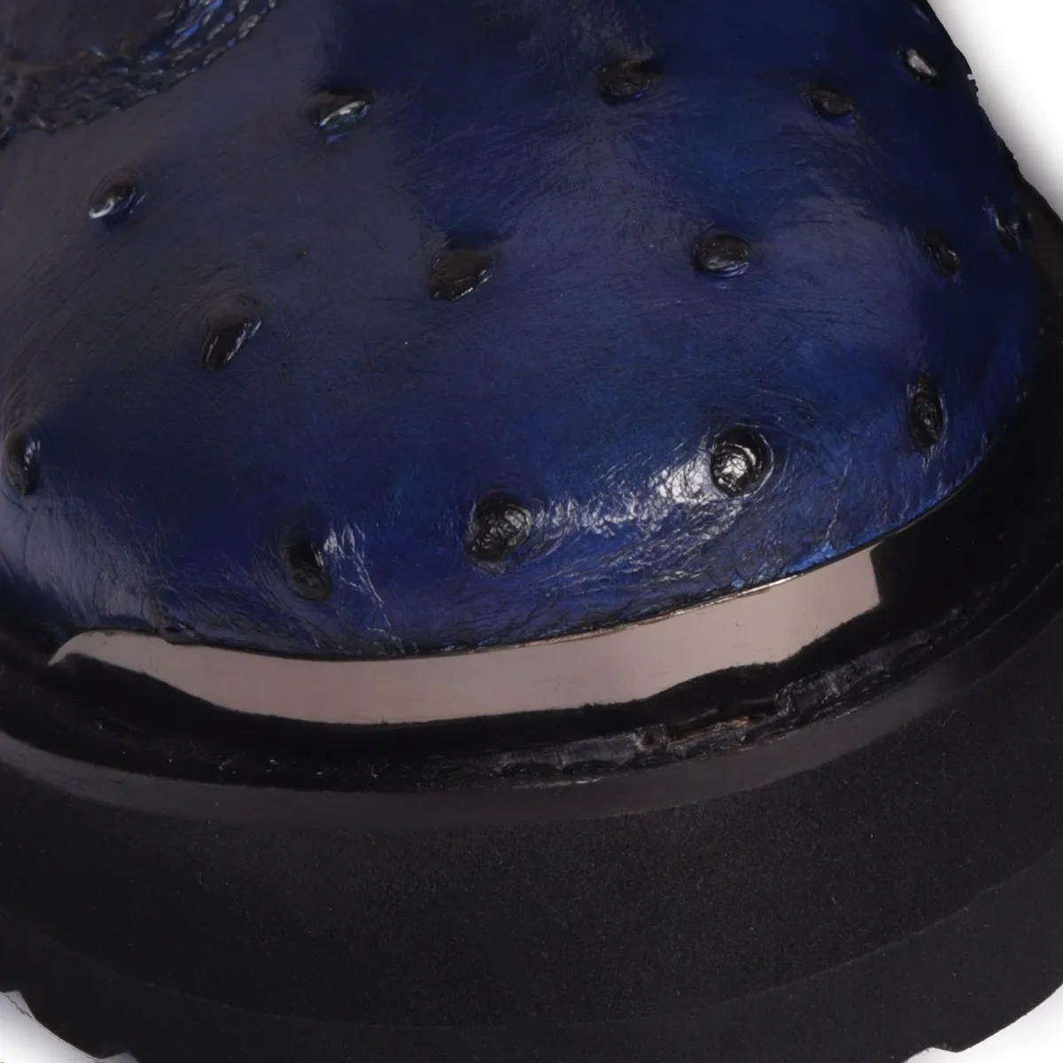 Chunky Boot in Real Ostrich Blue Leather With Metal Plate