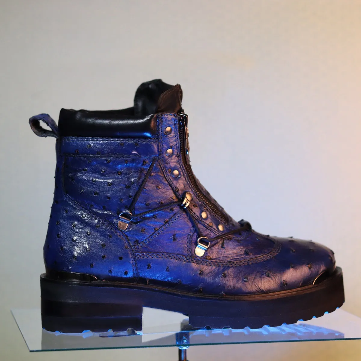 Chunky Boot in Real Ostrich Blue Leather With Metal Plate