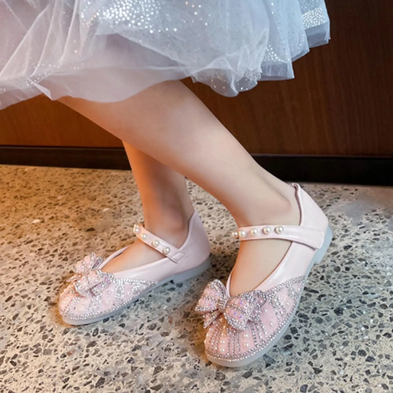 Cute Toddler Slip on Sandals Girls Mary Jane Flat Strap with Bow Crystal Princess Dress Shoes Flower Water Shoes Girls