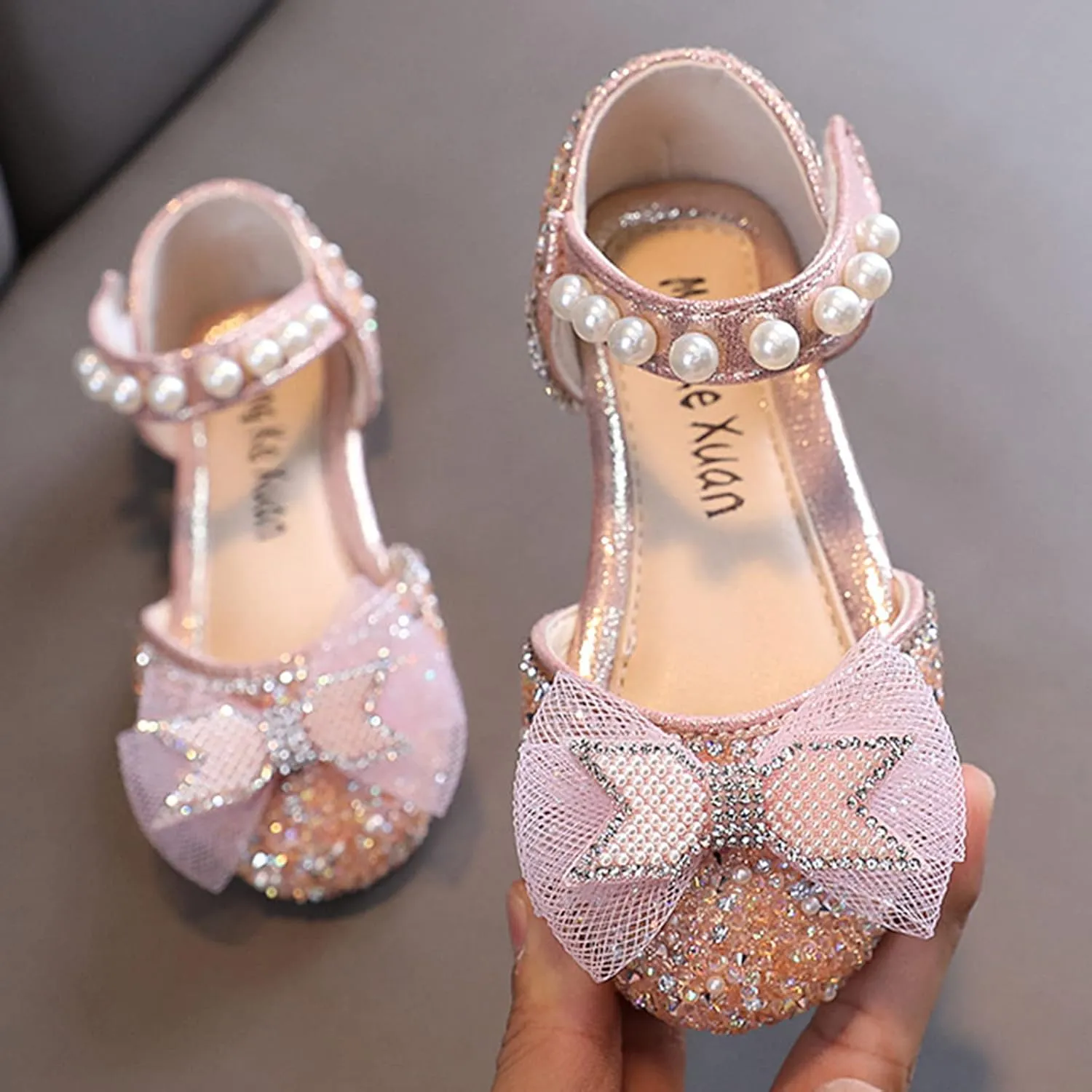 Fashion Spring and Summer Girls Sandals Party Dress Dance Show Princess Shoes Mesh Bowknot Pearl Hook Kids Slides Girls (Pink, 3-3.5 Years Toddler)