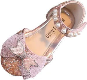 Fashion Spring and Summer Girls Sandals Party Dress Dance Show Princess Shoes Mesh Bowknot Pearl Hook Kids Slides Girls (Pink, 3-3.5 Years Toddler)