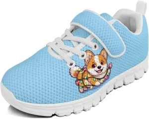 Forchrinse Corgi Print Girls Shoes Non Slip Tennis Running Shoes for Kids Toddler Fashion Sneakers Lightweight Sport Strap Athletic Sneakers for Little Kids Blue Size 11-2.5
