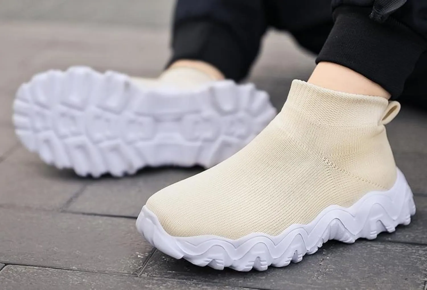 FUNCOS Slip On High Top Sneakers for Boys & Girls - Breathable Knit Walking Shoes, Lightweight Unisex Sports Sneakers with Arch Support