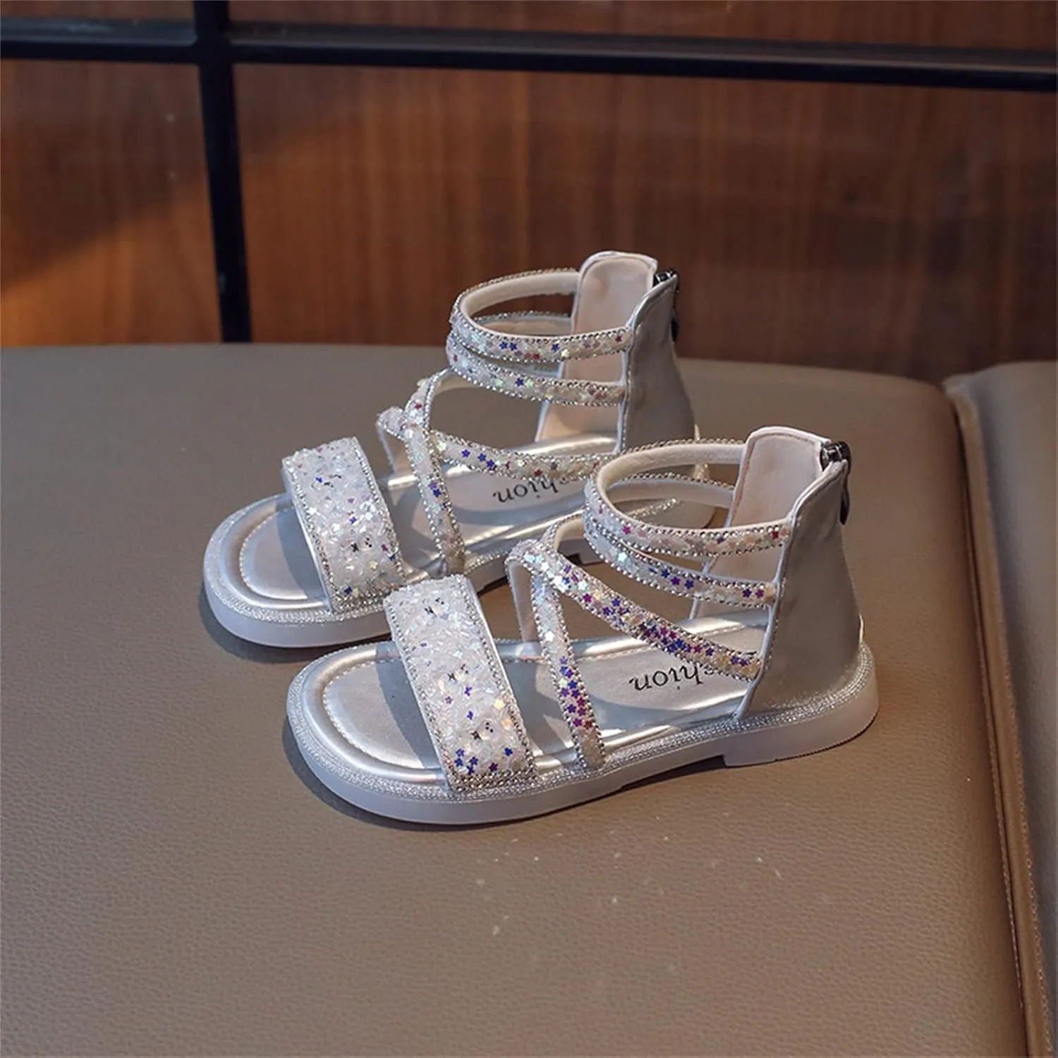 Girls Ankle Open Toe Sandals ow Heels Sequins Princess Shoes Toddler Summer Soft Sole Open Toe Dress Loafers Shoes