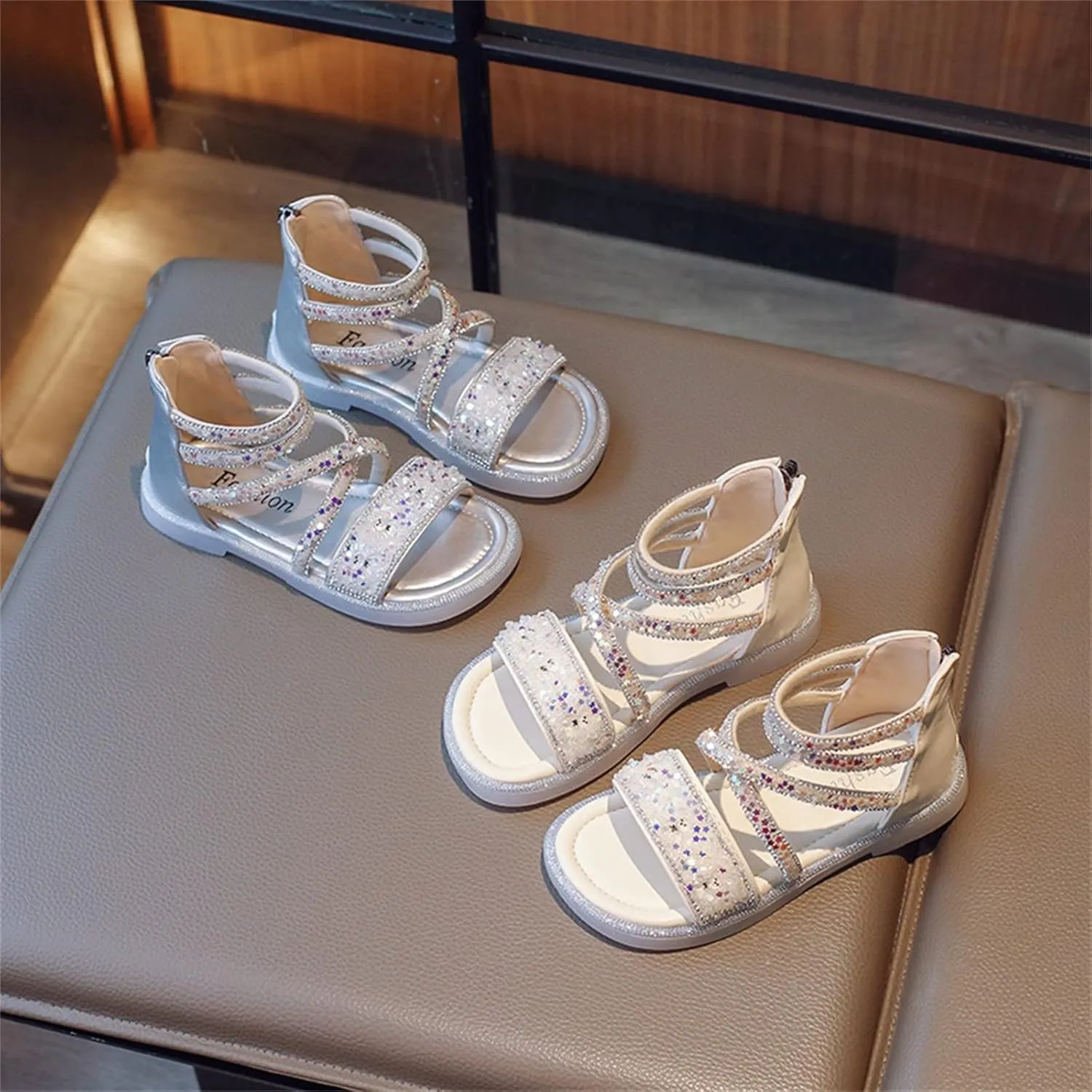 Girls Ankle Open Toe Sandals ow Heels Sequins Princess Shoes Toddler Summer Soft Sole Open Toe Dress Loafers Shoes