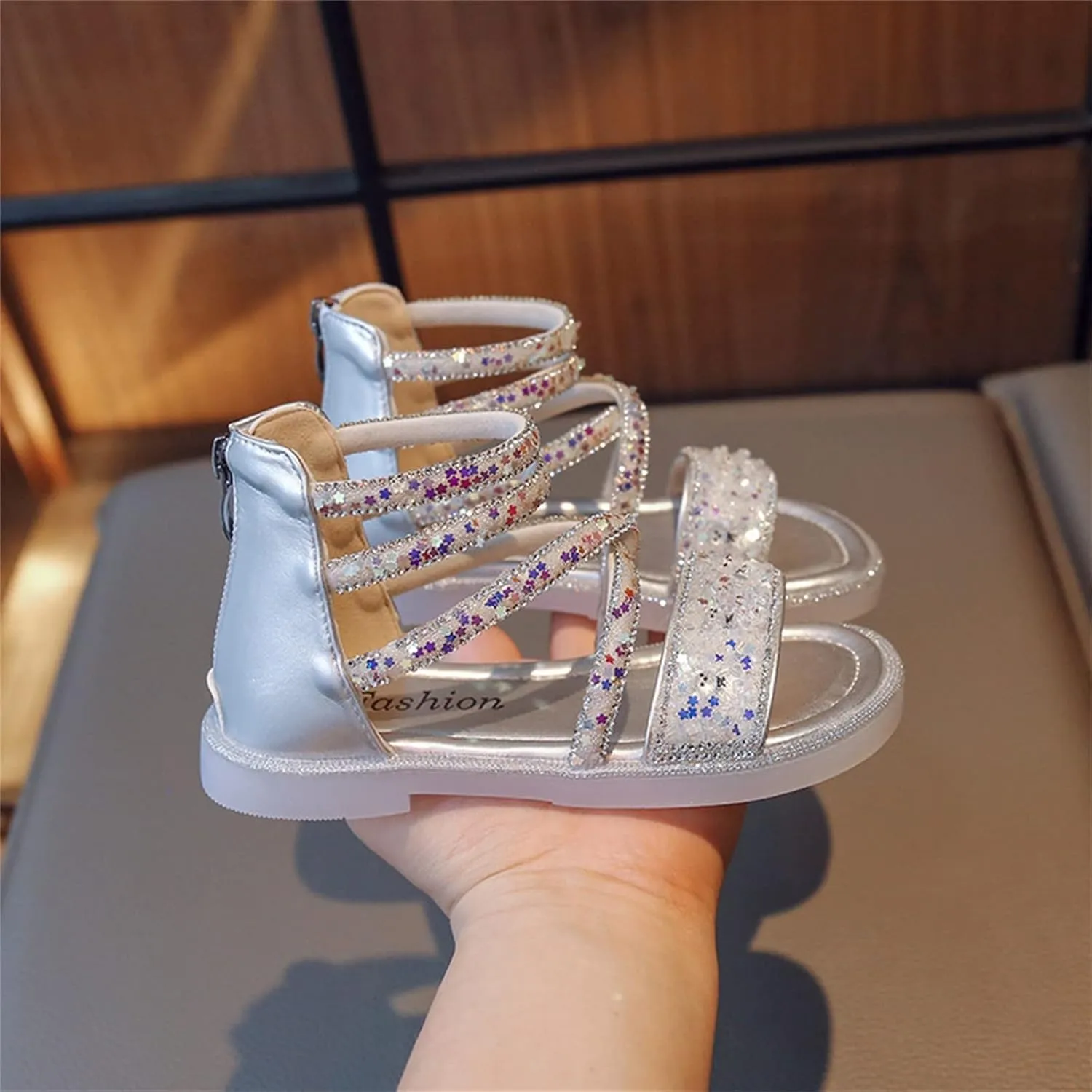 Girls Ankle Open Toe Sandals ow Heels Sequins Princess Shoes Toddler Summer Soft Sole Open Toe Dress Loafers Shoes