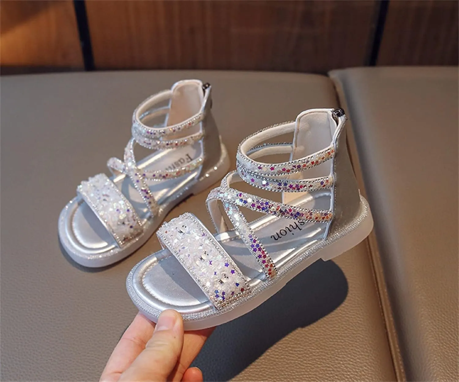 Girls Ankle Open Toe Sandals ow Heels Sequins Princess Shoes Toddler Summer Soft Sole Open Toe Dress Loafers Shoes