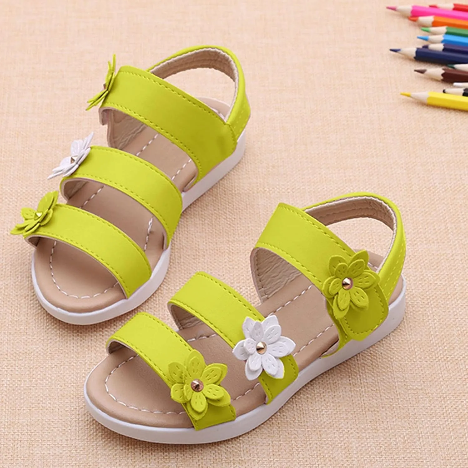 Girls Kids Foam Leather Sandals Multi Strap Flat Flower Wide Shoes Baby Toddler Summer Light Breathable Beach Water Shoes