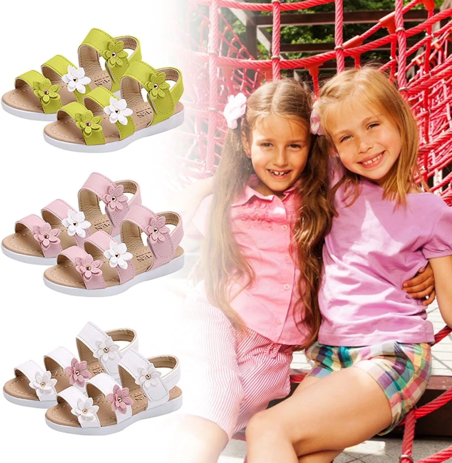 Girls Kids Foam Leather Sandals Multi Strap Flat Flower Wide Shoes Baby Toddler Summer Light Breathable Beach Water Shoes
