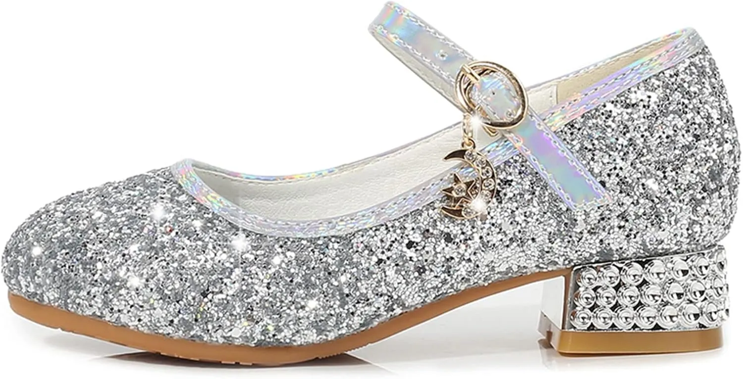 Girls Kids Gold Glitter Dress Dance Shoes High Heels Sandals Light Breathable Baby Rubber Sole Non Slip Shoes