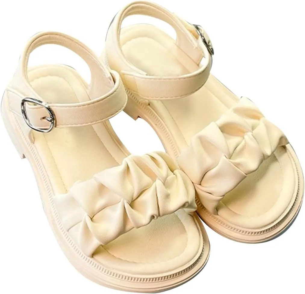 Girls Sandals Open Air Pleated Design Princess Shoes Dress Flat Shoes Casual Fashion for Little Child Baby Shoes Size 5 (Beige, 3 Big Kids)